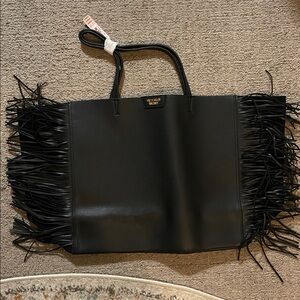 Victoria Secret black faux leather fringe tote